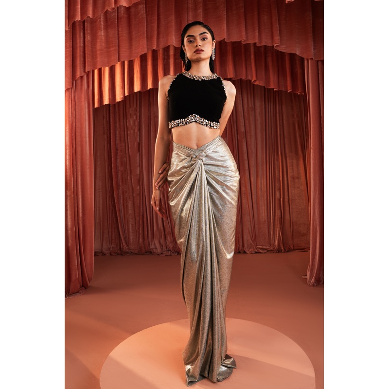 Black Beaded Draped Skirt Set XS