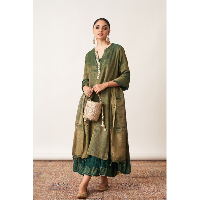 Bottle Green Kurta With Skirt XXS