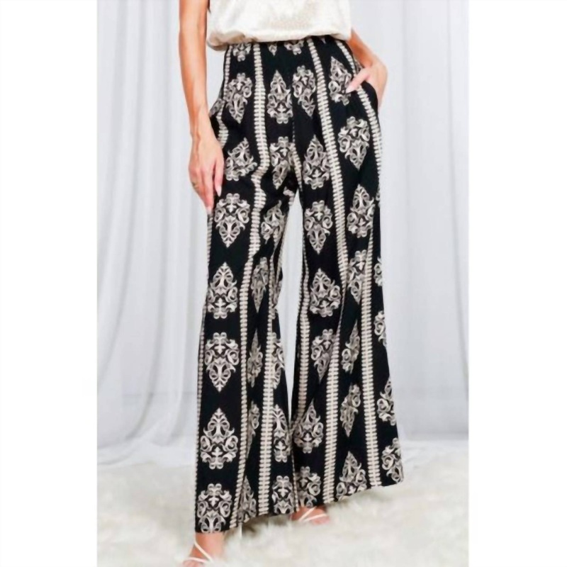 Geo Print Luxe Boho Wide Leg Pants In Black/white