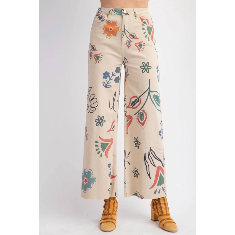 Printed Washed Twill Pants In Khaki
