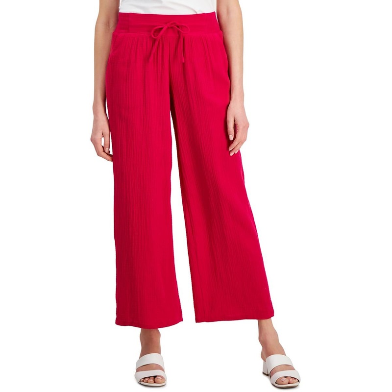 Womens Smocked Cotton Wide Leg Pants