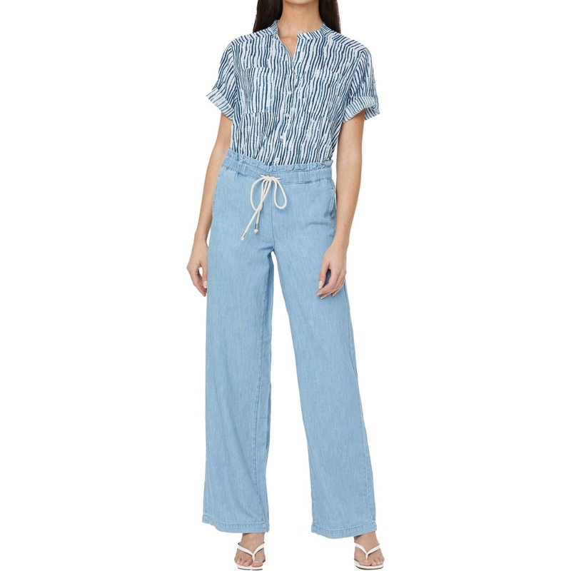 Womens Ruffled Chambray Wide Leg Pants