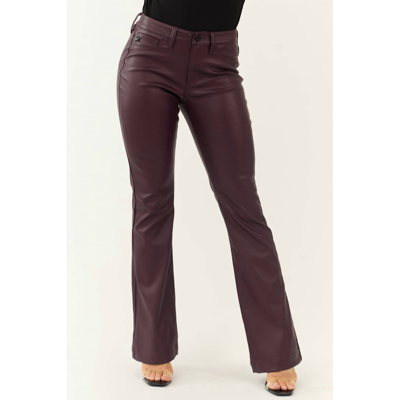 Yoko Faux Leather Mid Rise Bootcut Pants In Burgundy