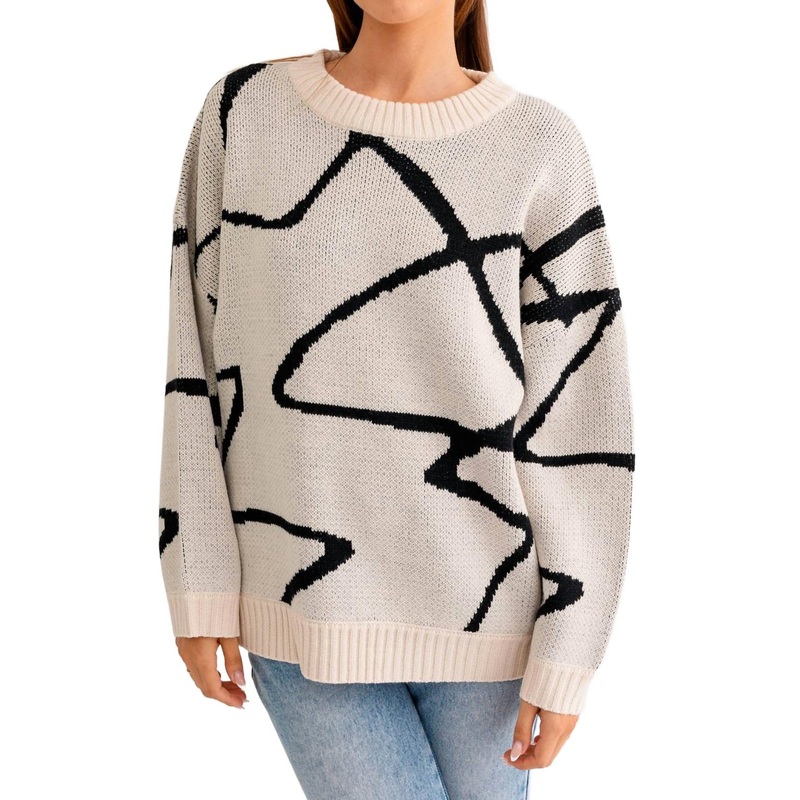 Abstract Pattern Oversized Sweater Top In Cream,black