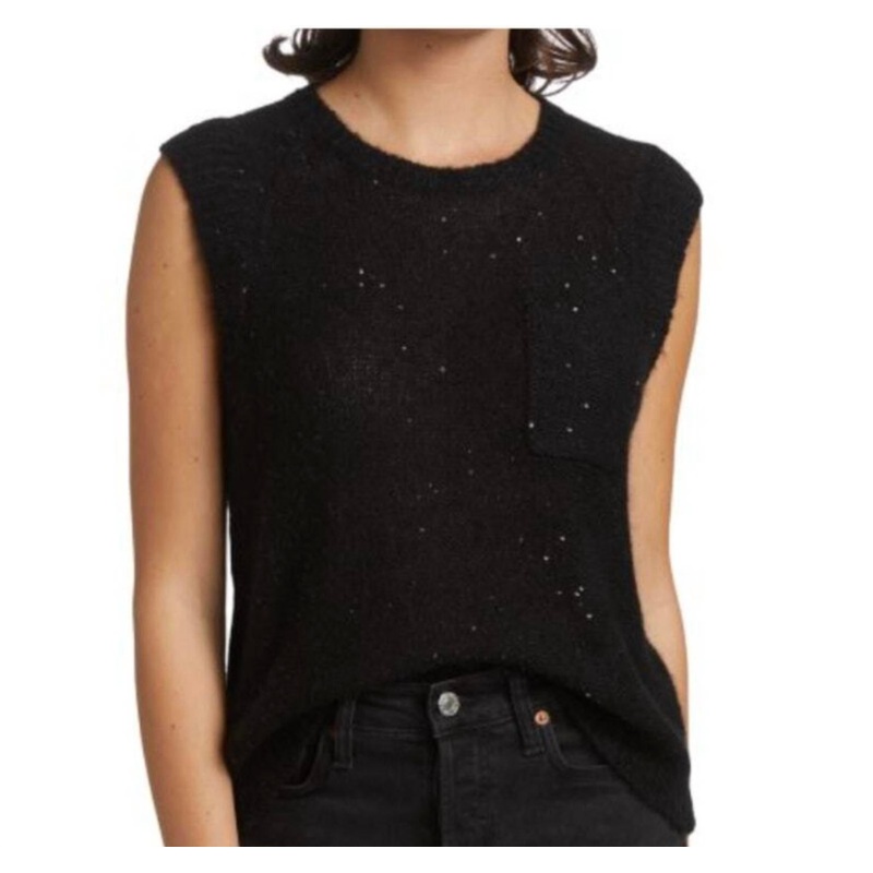 Wool Blend Sequin Crew Neck Sweater Tank In Black
