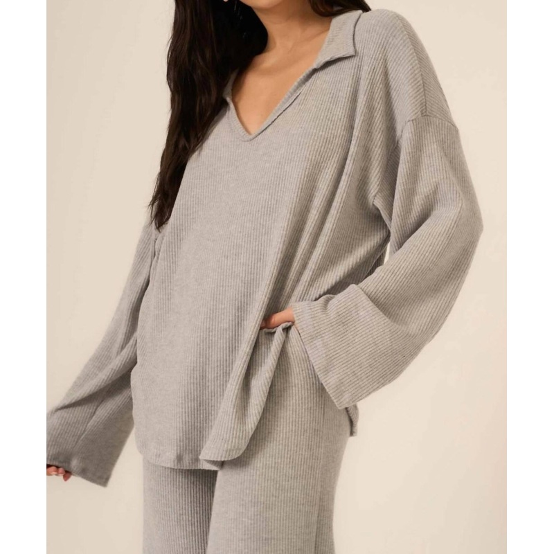 Zooey Rib Collared Long Sleeve In Grey