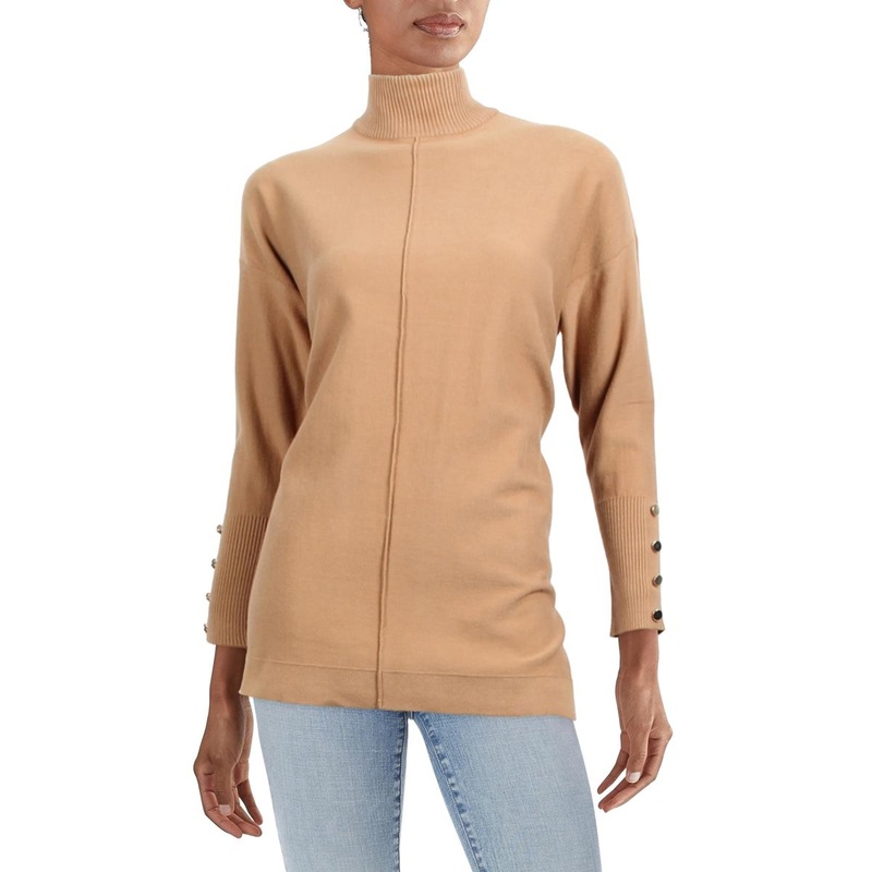 Womens Side Slit Button-Trim Mock Turtleneck Sweater