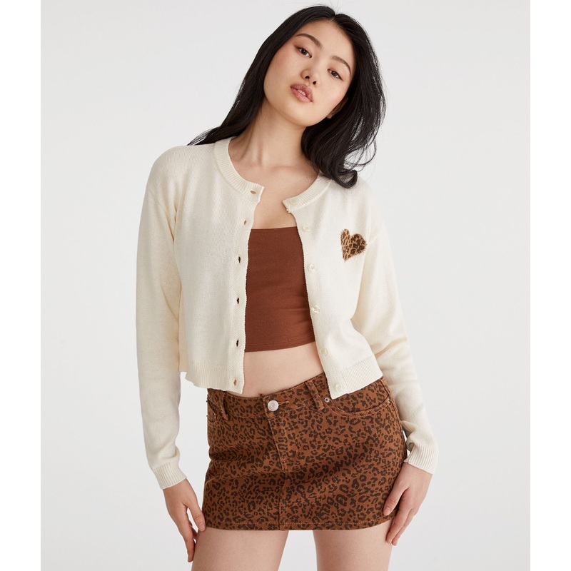 Aeropostale Leopard Heart Buttoned Crew Cardigan