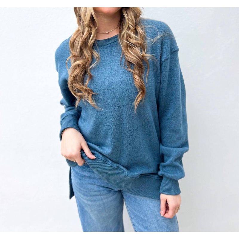 Abrianna Long Sleeve French Terry Crewneck Fleece In Blue Stone
