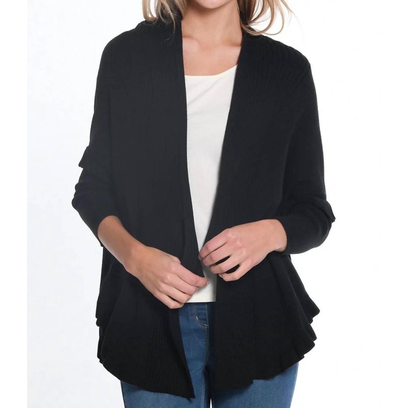 3/4 Sleeve Ruffle Hem Shawl Collar Sweater Cardigan In Black